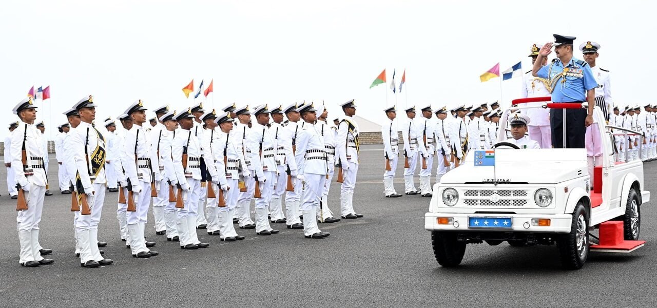 Chief of the Air Staff, Air Chief Marshal VR Choudhary reviews the passing out parade of Spring Term 2204 at the Indian Naval Academy, Ezhimala