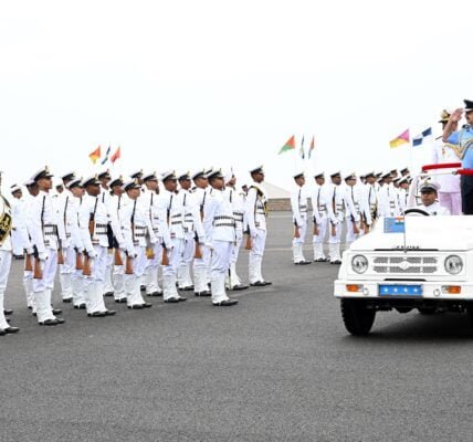 Chief of the Air Staff, Air Chief Marshal VR Choudhary reviews the passing out parade of Spring Term 2204 at the Indian Naval Academy, Ezhimala