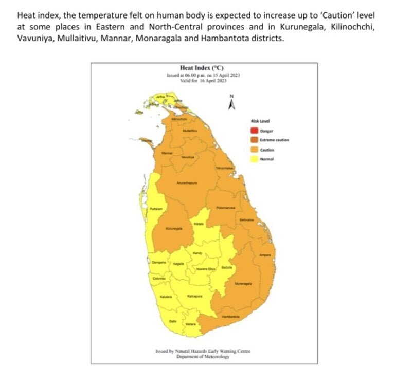 श्रीलंका के मौसम विभाग ने देश के 9 प्रांतों में से 7 के लिए ताप सूचकांक परामर्श जारी किया