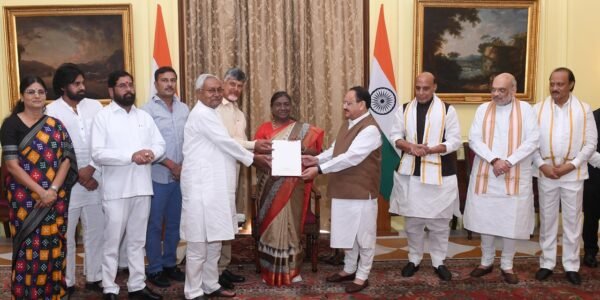 An NDA delegation led by BJP President J.P. Nadda met the President at Rashtrapati Bhavan and handed over a letter to him