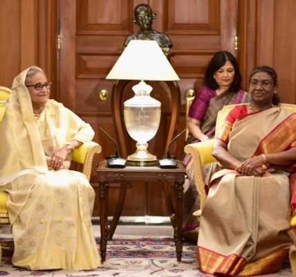 Bangladesh Prime Minister Sheikh Hasina meets Indian President Draupadi Murmu at Rashtrapati Bhavan