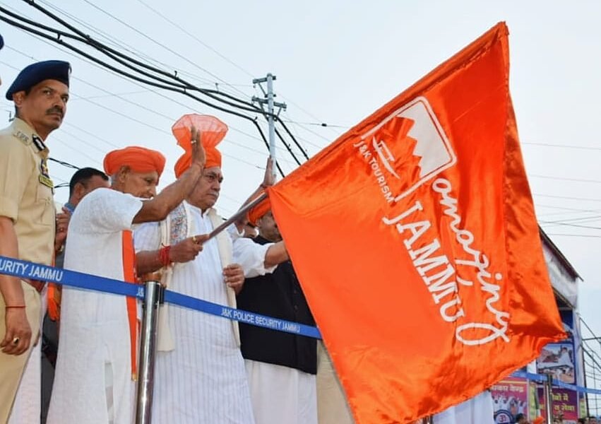 Jammu and Kashmir Lieutenant Governor Manoj Sinha flagged off the first batch of pilgrims going on the Amarnath Yatra from the Jammu base camp
