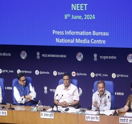 New Delhi: Secretary of Higher Education Department K. Sanjay Murthy, Ministry of Information and Broadcasting Secretary Sanjay Jaju, and NTA DG Subodh Kumar Singh address a press conference on the NEET issue