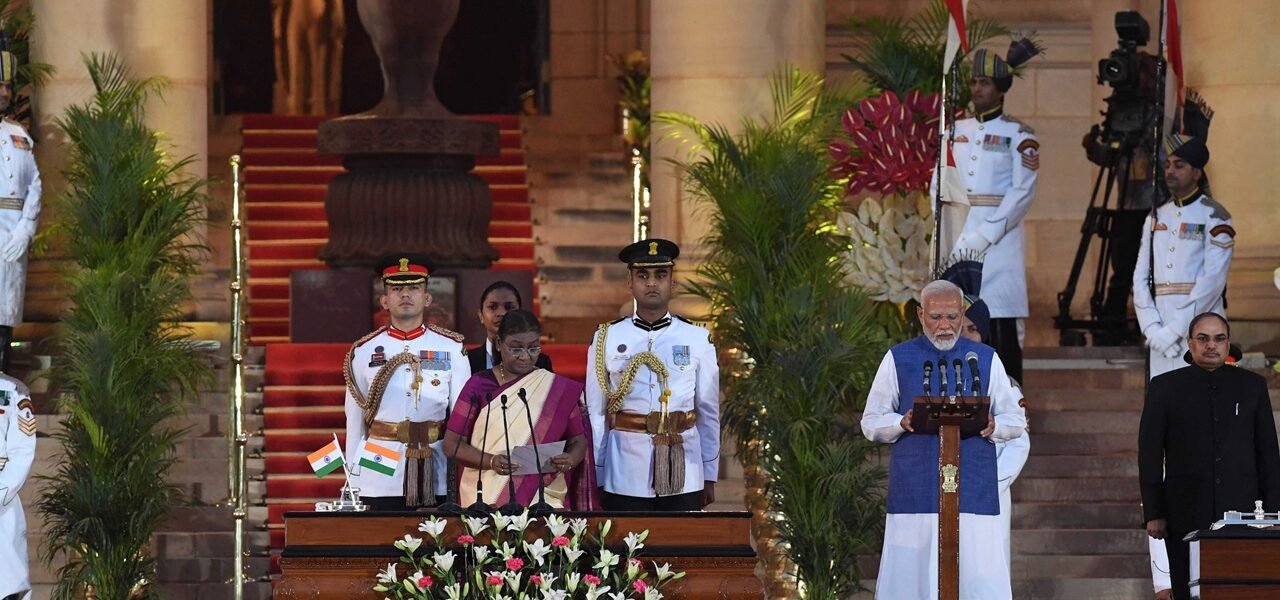 President Draupadi Murmu administers the oath of office and secrecy to PM Narendra Modi at Rashtrapati Bhavan