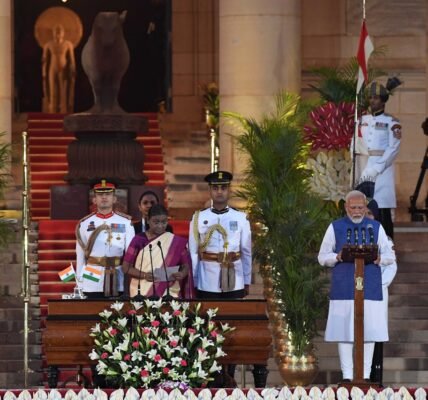 President Draupadi Murmu administers the oath of office and secrecy to PM Narendra Modi at Rashtrapati Bhavan