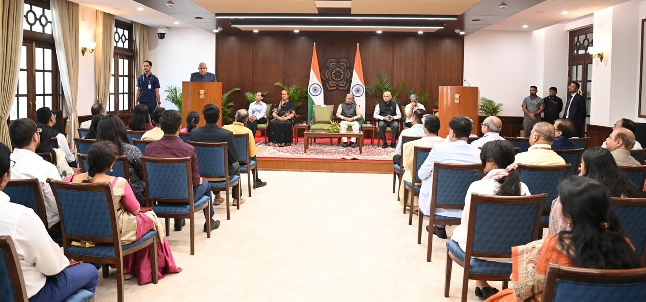 Vice President Jagdeep Dhankhar addresses participants of the Rajya Sabha Internship Programme at the Vice President's residence today