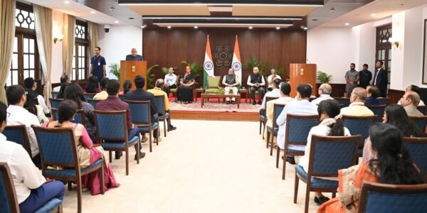 Vice President Jagdeep Dhankhar addresses participants of the Rajya Sabha Internship Programme at the Vice President's residence today