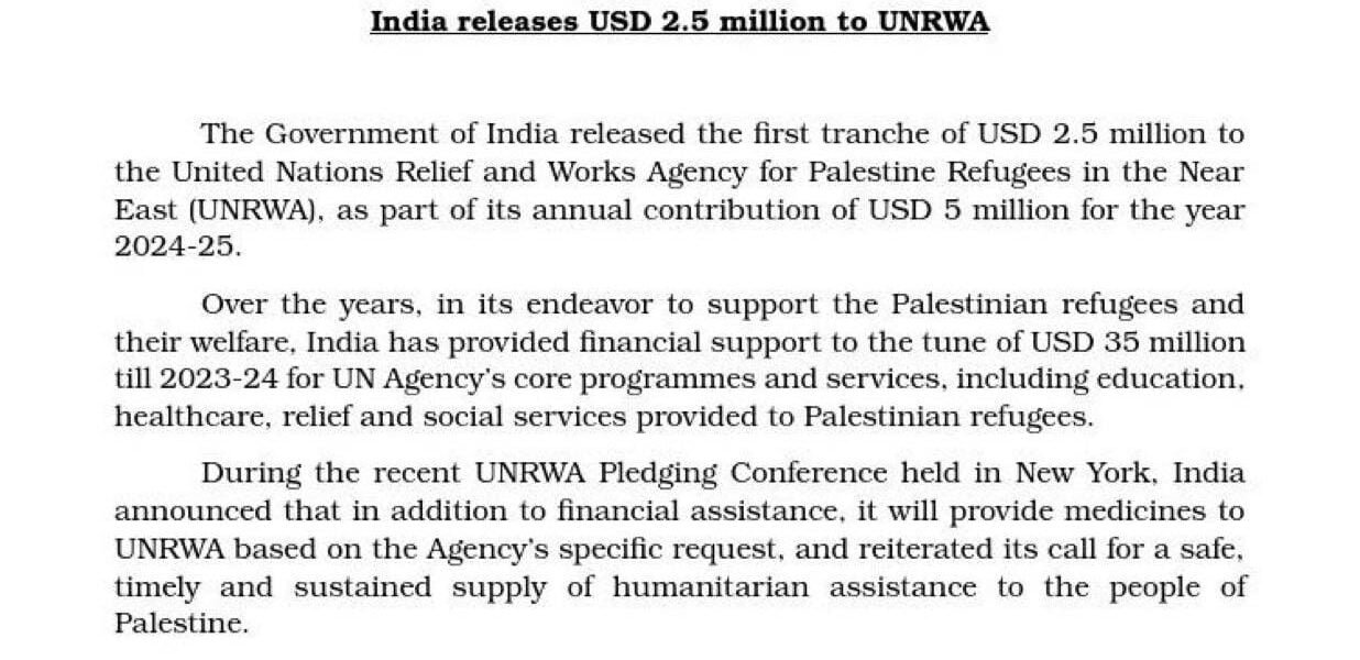 India releases first tranche of $2.5 million for Palestinian refugees