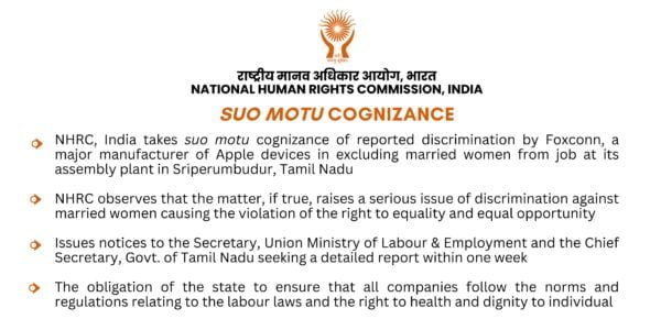 NHRC takes suo motu cognizance of alleged discrimination against married women in Sriperumbudur, Tamil Nadu by excluding them from jobs