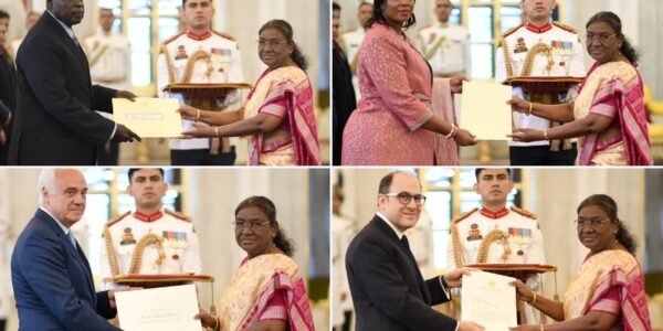 President Draupadi Murmu accepts credentials from ambassadors of South Sudan, Zimbabwe, Spain and Argentina