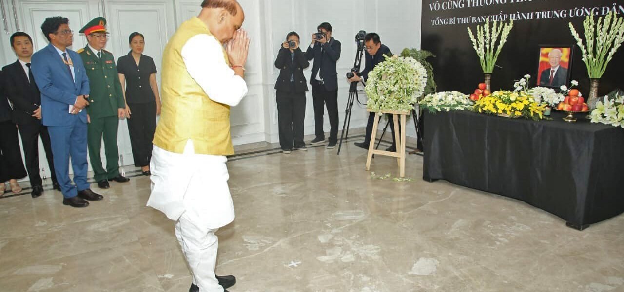 Raksha Mantri Rajnath Singh pays tribute to General Secretary of Central Committee of Communist Party of Vietnam Mr Nguyen Phu Trong at Vietnam Embassy in New Delhi