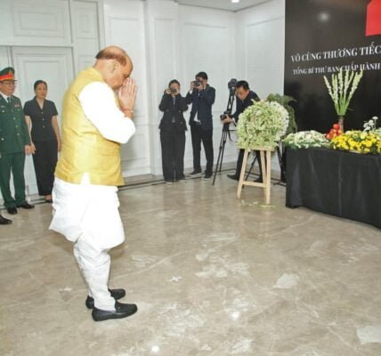 Raksha Mantri Rajnath Singh pays tribute to General Secretary of Central Committee of Communist Party of Vietnam Mr Nguyen Phu Trong at Vietnam Embassy in New Delhi