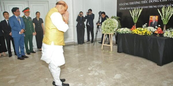 Raksha Mantri Rajnath Singh pays tribute to General Secretary of Central Committee of Communist Party of Vietnam Mr Nguyen Phu Trong at Vietnam Embassy in New Delhi