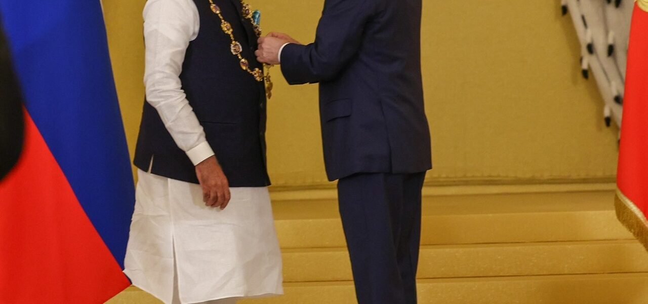 Russian President Vladimir Putin conferred Russia's highest civilian honour, the Order of St Andrew the Apostle, on Prime Minister Narendra Modi