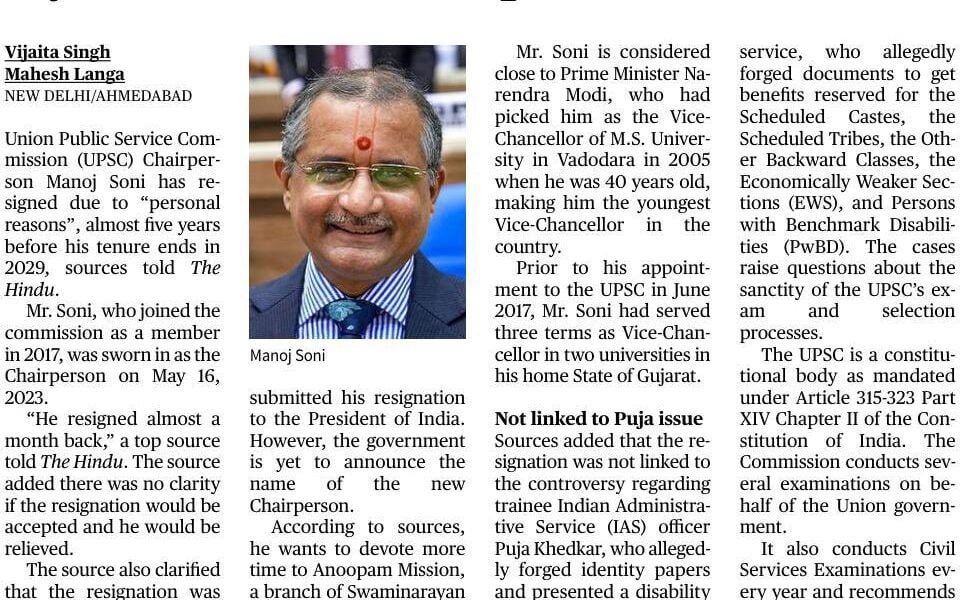 UPSC chairman Manoj Soni resigns citing personal reasons