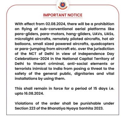 Delhi Police issued instructions in view of air security in the capital on Independence Day