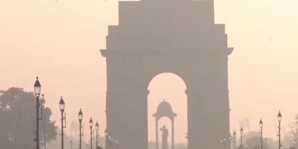 A thin layer of smog looms over the national capital Delhi