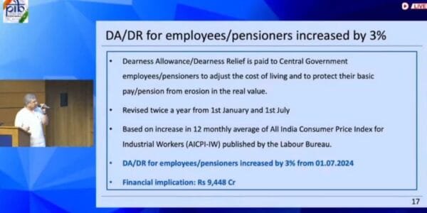 Cabinet approves additional instalment of 3 per cent of Dearness Allowance to Central Government employees and Dearness Relief to pensioners