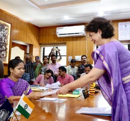 Congress candidate in Kerala Priyanka Gandhi today filed her nomination papers for Wayanad parliamentary constituency