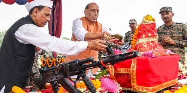 Defence Minister Rajnath Singh performed Shastra Puja with soldiers at Sukna Military Station on the occasion of Dussehra