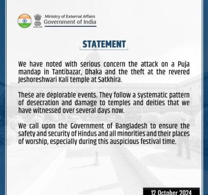 India strongly condemns theft at temple, attack on pandal in Bangladesh