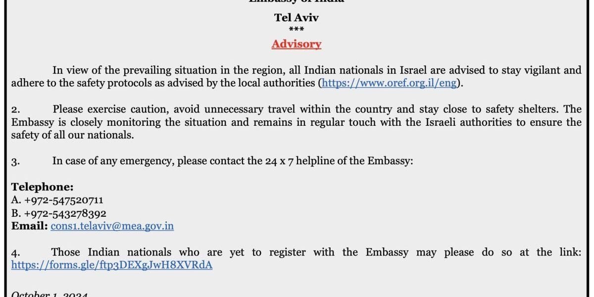 Indian Embassy asks its citizens in Israel to stay close to security places