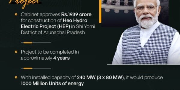 Cabinet approves investment proposal for construction of 240 MW Heo Hydroelectric Project in Shi Yomi district of Arunachal Pradesh with an outlay of Rs. 1939 crore