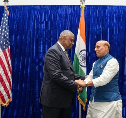 Defence Minister Rajnath Singh meets US Defense Secretary Lloyd J Austin on the sidelines of 11th ASEAN Defence Ministers' Meeting in Lao PDR
