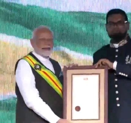 Guyana's President Dr. Irfaan Ali honoured PM Narendra Modi with the country's highest civilian honour, the Order of Excellence