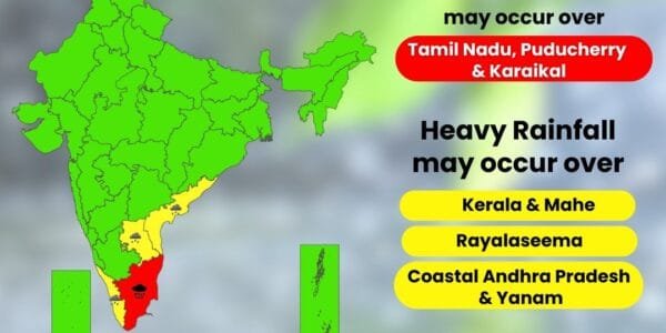 IMD issued a red alert for heavy rains in three districts of Tamil Nadu and one district of Puducherry today ahead of cyclone Fengal.