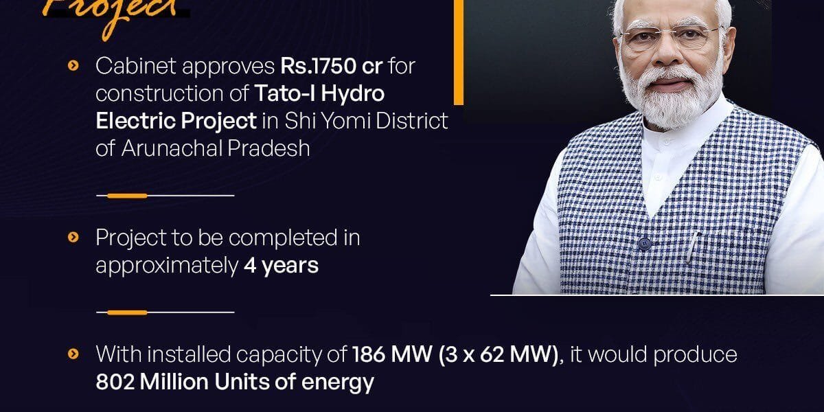 Union Cabinet approves investment proposal for construction of 186 MW Tato-I HE Project in Shi Yomi district of Arunachal Pradesh with an outlay of Rs 1750 crore