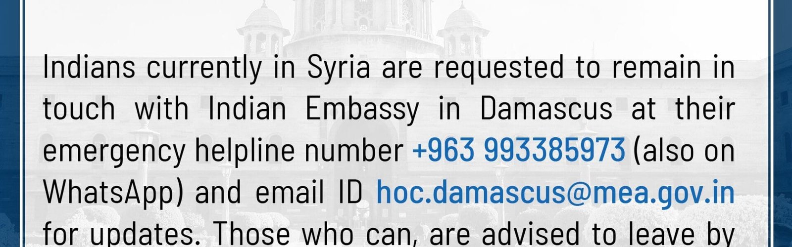 Foreign Ministry advises Indian citizens not to travel to Syria, issues helpline number