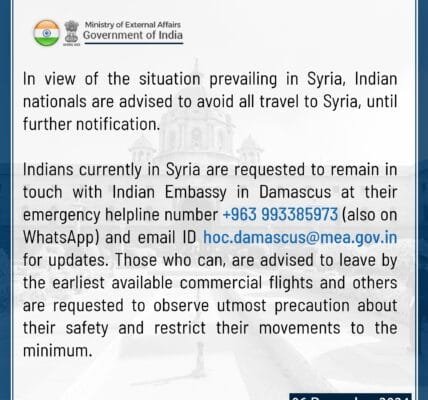 Foreign Ministry advises Indian citizens not to travel to Syria, issues helpline number
