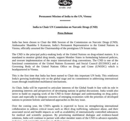 India will chair the 68th session of the United Nations Drug Control Commission