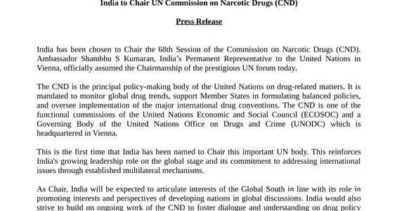 India will chair the 68th session of the United Nations Drug Control Commission