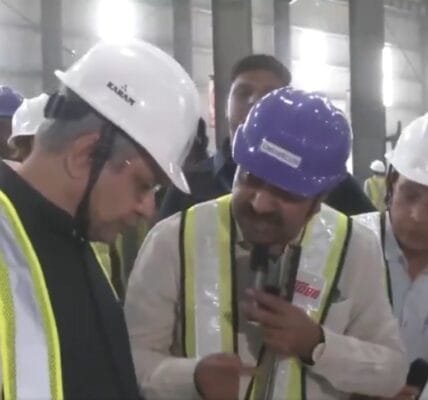 Railway Minister Ashwini Vaishnaw reviews operations of bullet train track slab manufacturing unit in Surat, Gujarat