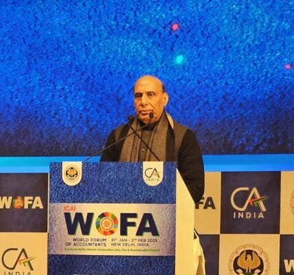 Defence Minister Rajnath Singh addresses the inaugural session of the World Forum of Accountants organised by ICAI