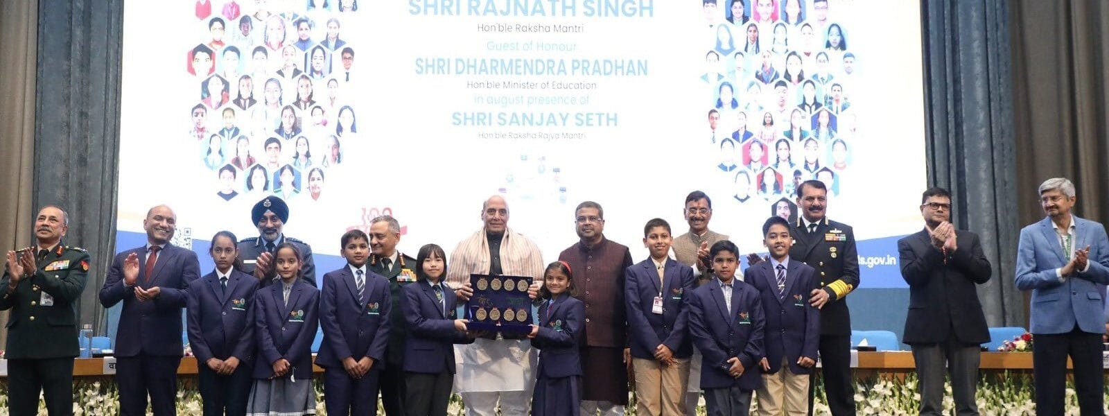 Defence Minister Rajnath Singh and Education Minister Dharmendra Pradhan felicitated the Super-100 winners of Veer Gatha 4.0, in New Delhi