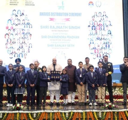 Defence Minister Rajnath Singh and Education Minister Dharmendra Pradhan felicitated the Super-100 winners of Veer Gatha 4.0, in New Delhi
