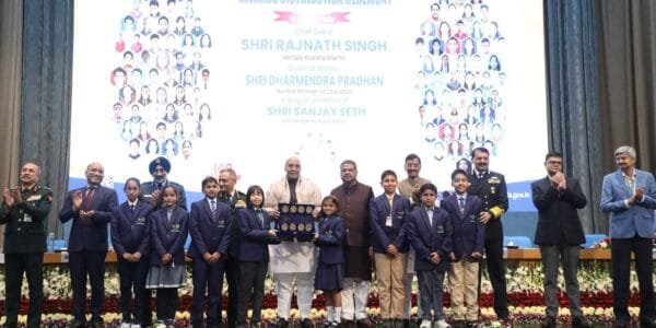 Defence Minister Rajnath Singh and Education Minister Dharmendra Pradhan felicitated the Super-100 winners of Veer Gatha 4.0, in New Delhi