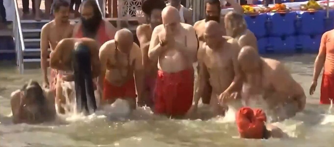 Home Minister Amit Shah took a holy dip in the Triveni at the Maha Kumbh in Prayagraj today
