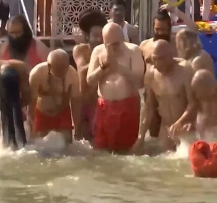 Home Minister Amit Shah took a holy dip in the Triveni at the Maha Kumbh in Prayagraj today