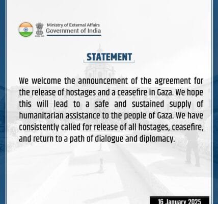 India welcomes Israel-Hamas ceasefire and hostage-release agreement