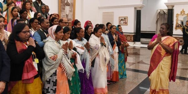 President Draupadi Murmu interacts with Scheduled Tribe women representatives of Panchayati Raj Institutions