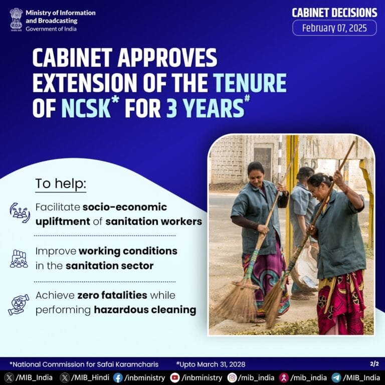 कैबिनेट ने राष्ट्रीय सफाई कर्मचारी आयोग के कार्यकाल को 31 मार्च 2025 से आगे तीन वर्ष के लिए बढ़ाने को स्वीकृति दी