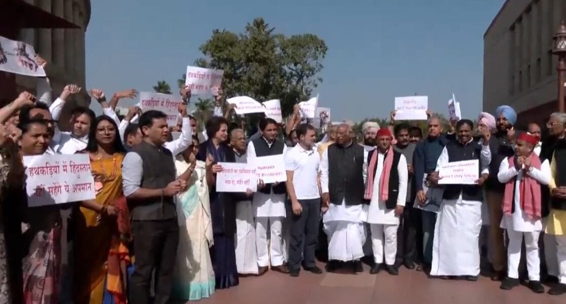 Opposition party MPs protest outside Parliament over deportation of alleged illegal Indian immigrants from the US