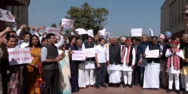 Opposition party MPs protest outside Parliament over deportation of alleged illegal Indian immigrants from the US