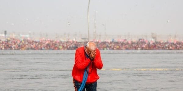 PM Narendra Modi took a holy dip at the Triveni Sangam in Prayagraj today