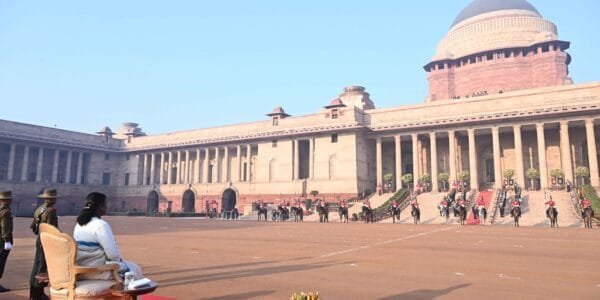 President Draupadi Murmu witnessed the inaugural ceremony of the Change of Guard ceremony in the new format at the forecourt of Rashtrapati Bhavan