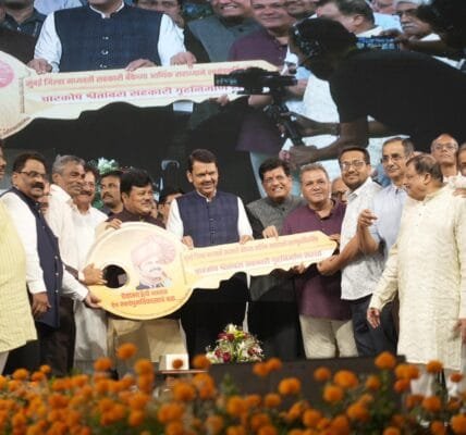 Union Minister Piyush Goyal along with Maharashtra CM Devendra Fadnavis distributed keys of 15 self-redeveloped residential societies in North Mumbai